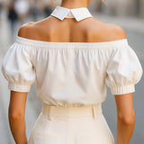 Philippine off-shoulder pogu blūze ar izteiksmīgu apkakli