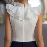 Malorie piedurknēm šifona ruffles V-veida kakla tops