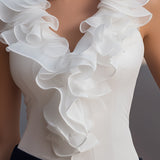 Malorie piedurknēm šifona ruffles V-veida kakla tops