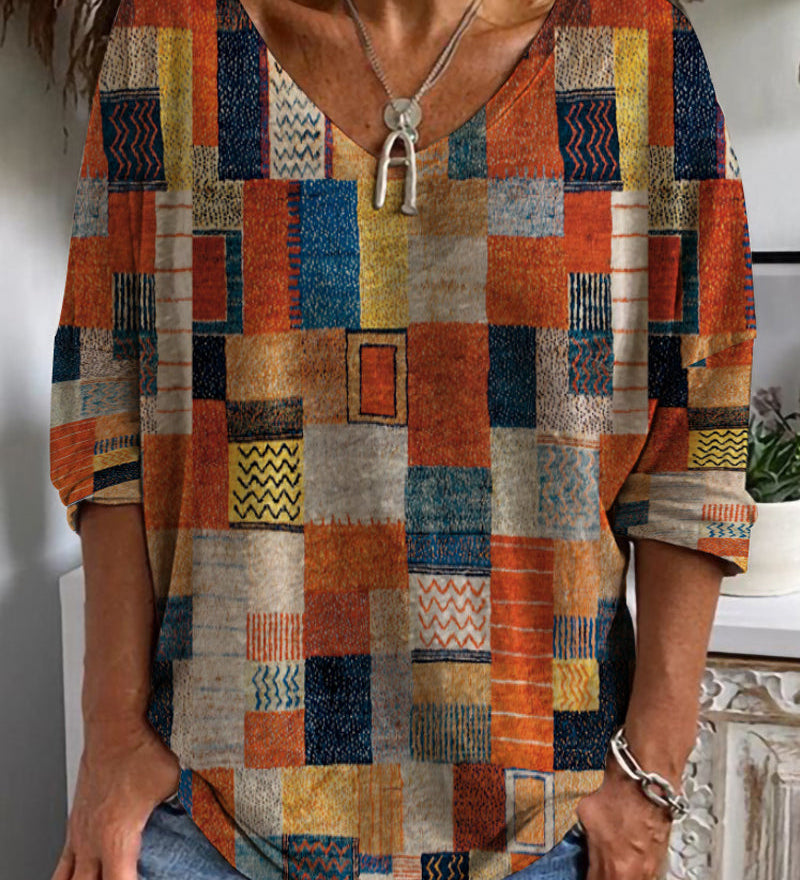 Lydiane | Sieviešu V-veida kakla patchwork blūze
