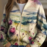 Zelda | Damen Strickjacke mit Aquarell-Landschafts- und Distelmuster