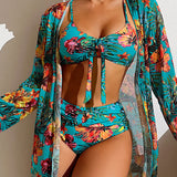 Jovie | 3 daļu bikini ar ziedu rakstu un atbilstošu pareo sievietēm