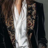 Isadora Melns Samta Blazers ar Baroka Drukātu Atloku - Mūžīga Vintage Luksusa