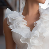 Malorie piedurknēm šifona ruffles V-veida kakla tops