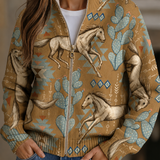 Damen Strickjacke mit südwestlichem Pferde- und Kaktusmuster