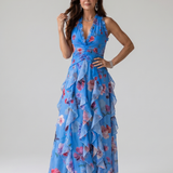 Karolina | Halter kakla ruched bodice ziedu maxi kleita
