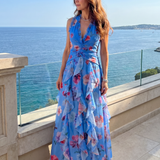 Karolina | Halter kakla ruched bodice ziedu maxi kleita