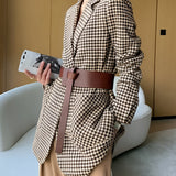 Damen Hahnentritt Blazer mit Gürtel, Knöpfen und Taschen
