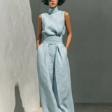 Minimalistisches ärmelloses Blusen- und Hosen-Set für Damen mit weitem Bein