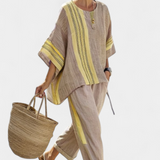 Marielle | Elegants Lavandas Top un Mustard Svītrainās Bikses