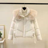 Damen kurze Steppjacke mit voluminösem Webpelzkragen und Taillenriemen