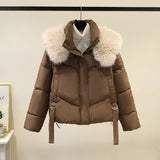 Damen kurze Steppjacke mit voluminösem Webpelzkragen und Taillenriemen