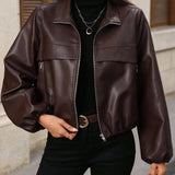 Damen cropped Kunstlederjacke mit Reißverschlusstaschen und tailliertem Schnitt