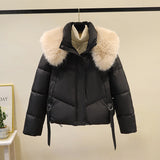 Damen kurze Steppjacke mit voluminösem Webpelzkragen und Taillenriemen