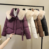 Damen kurze Steppjacke mit voluminösem Webpelzkragen und Taillenriemen
