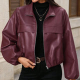 Damen cropped Kunstlederjacke mit Reißverschlusstaschen und tailliertem Schnitt