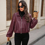 Damen cropped Kunstlederjacke mit Reißverschlusstaschen und tailliertem Schnitt