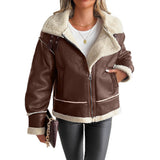 Damen Kunstlederjacke mit Teddyfutter und Reißverschluss