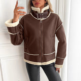 Damen Kunstlederjacke mit Teddyfutter und Reißverschluss