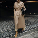 Damen langer Trenchcoat mit Taillengürtel und hohem Stehkragen