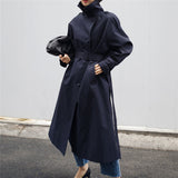 Damen langer Trenchcoat mit Taillengürtel und hohem Stehkragen