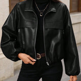 Damen cropped Kunstlederjacke mit Reißverschlusstaschen und tailliertem Schnitt