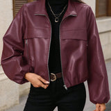 Damen cropped Kunstlederjacke mit Reißverschlusstaschen und tailliertem Schnitt
