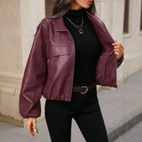Damen cropped Kunstlederjacke mit Reißverschlusstaschen und tailliertem Schnitt