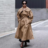 Damen Oversize-Trenchcoat mit Wasserfallkragen und Bindegürtel