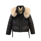 Damen kurze Steppjacke mit voluminösem Webpelzkragen und Taillenriemen