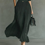 Elvira - Garš pleated dress ar lapel un high waist