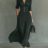 Elvira - Garš pleated dress ar lapel un high waist