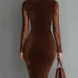 Brūns Vintage-Velūra Minikleid ar atslēgas caurumu un mežģīņu piedurknēm