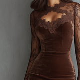 Brūns Vintage-Velūra Minikleid ar atslēgas caurumu un mežģīņu piedurknēm