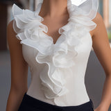Malorie piedurknēm šifona ruffles V-veida kakla tops