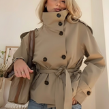 Damen Stehkragen Langarmjacke mit Gürtel und Knöpfen
