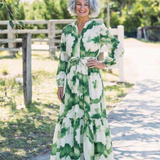 Sabine | Langärmliges Maxikleid mit Taillenknoten und Stufenrock