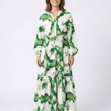 Sabine | Langärmliges Maxikleid mit Taillenknoten und Stufenrock