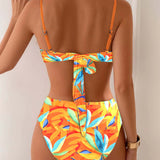 Seksīgs Peldkostīms Ar Druku Kontrastējošā Krāsā Divdaļīgs