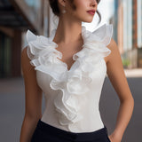 Malorie piedurknēm šifona ruffles V-veida kakla tops