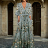 Hazel - Elegants V - Neck ar jostu Boho maksi kleita