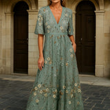 Hazel - Elegants V - Neck ar jostu Boho maksi kleita