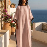 Beige Off-Shoulder Maksikleita ar brīvu griezumu un krāsu bloku dizainu