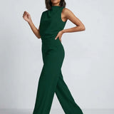 Damen Hochkragen Ärmelloser Jumpsuit mit Weitem Bein und Taschen