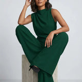 Damen Hochkragen Ärmelloser Jumpsuit mit Weitem Bein und Taschen