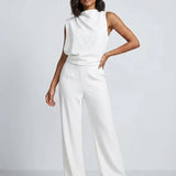 Damen Hochkragen Ärmelloser Jumpsuit mit Weitem Bein und Taschen