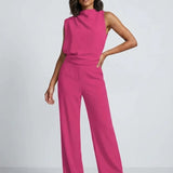 Damen Hochkragen Ärmelloser Jumpsuit mit Weitem Bein und Taschen
