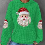 Damen Weihnachtsperlen Santa Claus Druck Lässiger Waffel Hoodie